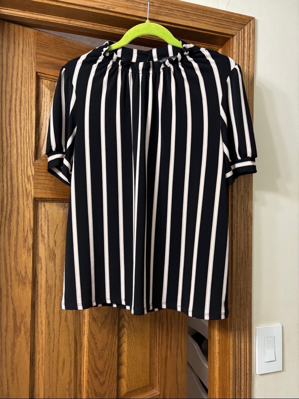 Adrianna Papell Black & White Vertical Stripe Short Sleeve Blouse